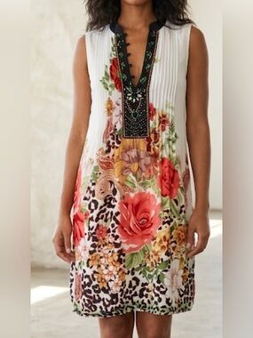 Lucky & Coco Vibrant Floral Sleeveless Tunic Dress Beaded Boho Cotton Medium